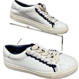Tory Burch Sport White Leather Blue Ruffle Lace Up Preppy Sneakers Size 7.5M